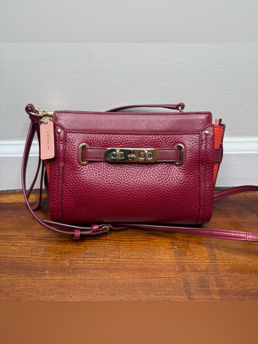 Coach Pebbled Leather Convertible Crossbody - Burgundy with Gold Hardware